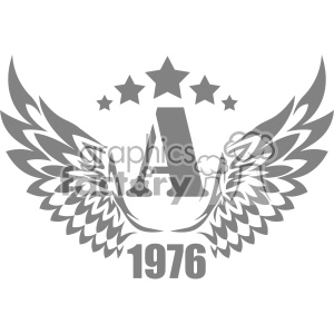 Monochrome clipart image featuring a large letter 'A' with a pair of stylized wings and five stars above it. The number '1976' is written below the wings.