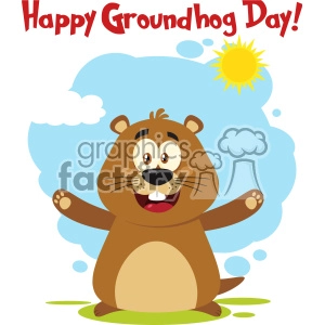 10631 Royalty Free RF Clipart Happy Marmot Cartoon Mascot Character With Open Arms And Text Happy Groundhog Day Vector Flat Design With Background Isolated On White