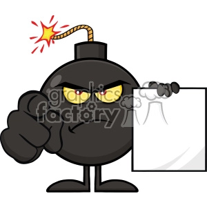 Clipart image of an angry cartoon bomb character with a lit fuse, pointing with one hand while holding a blank white sign with the other hand.