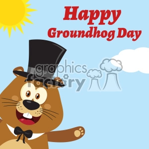 10640 Royalty Free RF Clipart Smiling Marmot Cartoon Mascot Character With Hat Waving From Corner Vector Flat Design With Background And Text Happy Groundhog Day