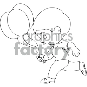 black and white coloring page boy running with balloons vector illustration