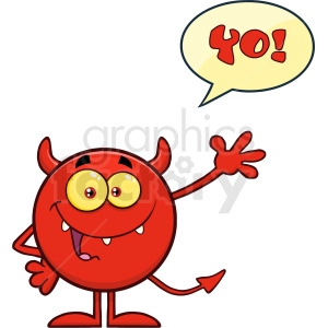 Happy Devil Cartoon Emoji Character Waving For Greeting With Speech Bubble And Text Yo Vector Illustration Isolated On White Background