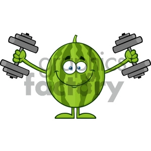 Royalty Free RF Clipart Illustration Healthy Green Watermelon Fresh Fruit Cartoon Mascot Character Training With Dumbbells Vector Illustration Isolated On White Background