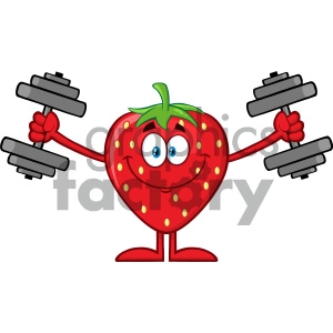 Royalty Free RF Clipart Illustration Smiling Strawberry Fruit Cartoon Mascot Character Training With Dumbbells Vector Illustration Isolated On White Background