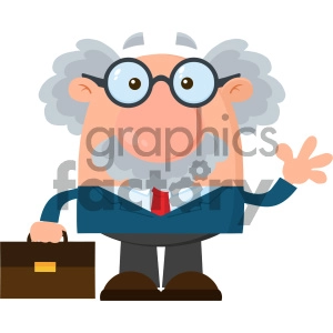 Professor Or Scientist Cartoon Character With Briefcase Waving Vector Illustration Flat Design Isolated On White Background