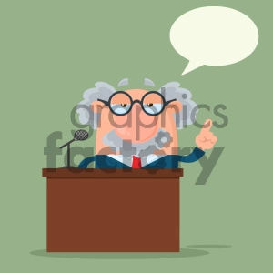 Professor Or Scientist Cartoon Character Speaking Behind a Podium With Speech Bubble Vector Illustration Flat Design With Background