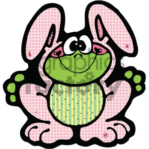 The image is a playful and colorful clipart of a green frog dressed as a rabbit or bunny. The bunny's face and ears are predominantly green with pink accents—a common color choice to represent a playful or fantastical character rather than a realistic depiction of a rabbit. The ears have a pink checkered pattern, and the rabbit's body has green and pink stripes with some polka dots, enclosed in a pink outline that creates a fun, cartoony vibe.