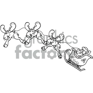 The image is a black and white clipart depicting a whimsical Christmas theme. It shows three flying moose with harnesses, connected in a line. The front moose appears to be leading the others, and all of them have happy expressions. Behind the moose is a sleigh with the phrase Merry Chris-MOOSE! written on its side, and in the sleigh, there is a cheerful Santa Claus waving a friendly greeting.