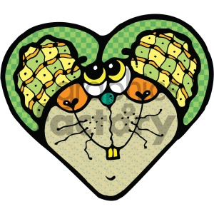 The image is a whimsical, cartoon-style clipart of a heart-shaped face that appears to be a stylized representation of a mouse. The heart shape forms the head, with large, patterned mouse ears on the top. It has big, round eyes, a cute orange nose, whiskers, and a small mouth. The background of the heart is a checkered pattern, and the overall color scheme includes yellows, greens, oranges, and black outlines.