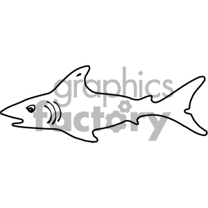 The image is a simple black and white line drawing of a shark. The shark is depicted in a side profile showing characteristic features such as the dorsal fin, tail fin, pectoral fins, and the pointed snout.