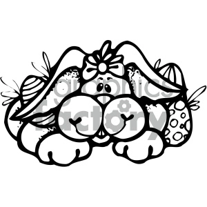 The image is a black and white clipart depicting a cute, cartoonish bunny or rabbit with a bow on its head. The bunny appears to be sitting among some Easter eggs, with its paws visible in front.