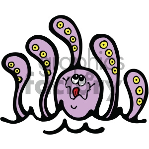 A cartoon-style clipart image of a purple octopus with expressive eyes and multiple tentacles, each having yellow suction cups, emerging from water.