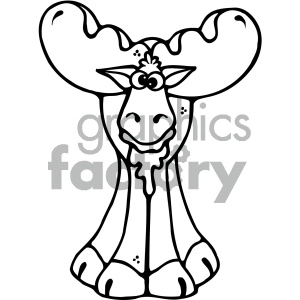 The clipart image depicts a stylized cartoon moose. The moose is illustrated in a simple black and white line drawing, featuring its large antlers, a smiling face, and visible hooves. 
