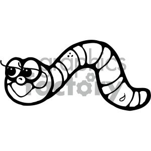 A cute, cartoonish black and white clipart image of a worm with big eyes and a cheerful expression.