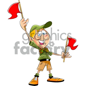 cartoon boy scout character holding red flags
