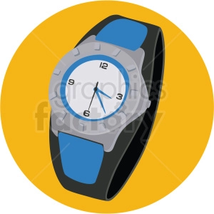Clipart image of a wristwatch with a blue strap and a gray casing on a yellow circular background.