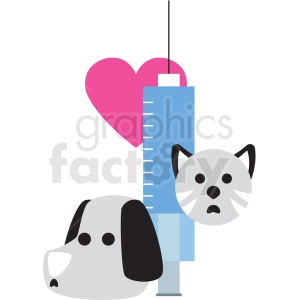Clipart image of a syringe with a heart shape, a dog, and a cat, representing veterinary care or pet vaccination.