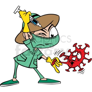 The clipart image depicts a cartoon nurse, wearing blue scrubs and a stethoscope, attempting to administer the COVID-19 vaccine to a cartoon representation of the virus. The virus is shown as a red sphere with spikes protruding from its surface.
