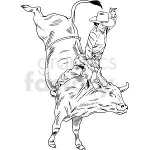 The clipart image shows a black and white vector illustration of a cowboy riding a bull in a rodeo. The cowboy is holding onto the bull's reins with one hand and raising his other hand in the air.
