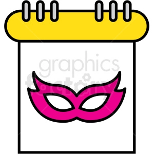 Clipart image of a calendar page with a pink masquerade mask illustration.