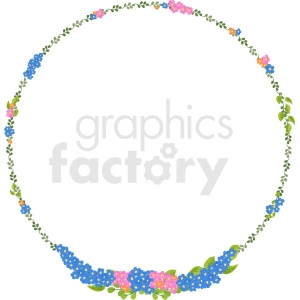 A circular floral frame composed of small blue, pink, and orange flowers with green leaves and vines in a delicate and whimsical design.