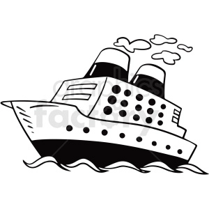 The clipart image depicts a cartoon-style cruise ship in black and white. The ship is shown sailing on the water with its distinctive structure and decks visible, and has a a lot of windows. The image could be used to represent a vacation or travel theme related to cruise ships or boats.
