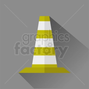 A flat design image of a yellow and white traffic cone on a gray background with long shadow.