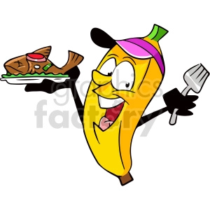 The clipart image depicts a cartoon banana holding a plate with cooked fish. It suggests the humorous concept of a fruit eating dinner.
