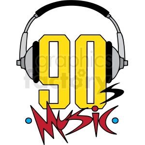 Clipart image featuring the words '90s Music' with a pair of headphones. The '90s' is prominently displayed in yellow, and 'Music' is written in a stylized red font.