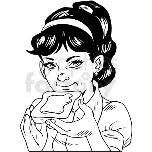 Black and white clipart image of a woman with a retro hairstyle holding a slice of bread with butter.