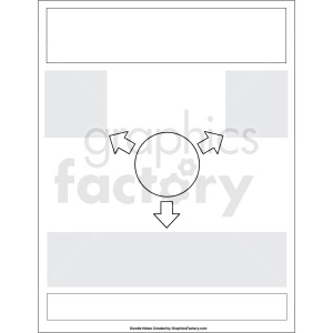 An educational doodle note template featuring a central circle with three arrows pointing outward and one arrow pointing downward. The layout includes several rectangular areas for text or images.