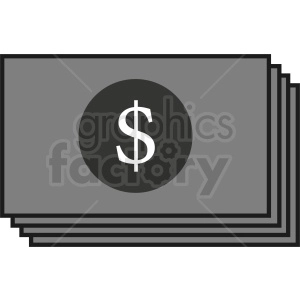 Clipart image of a stack of three grey dollar bills with a dollar sign in the middle of each bill.