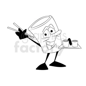 black and white cartoon sushi character serving food