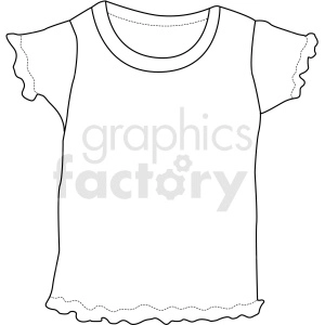 A black and white line drawing of a t-shirt with ruffled sleeves and hem.