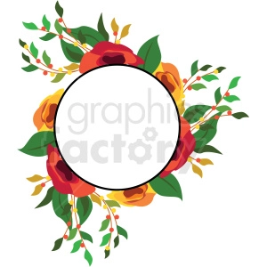 A circular floral frame clipart image featuring vibrant orange, red, and yellow flowers with green leaves and small orange berries, creating a decorative border around a blank white center.