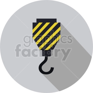 Clipart image showing a crane hook in a circular gray background. The hook is depicted in black with yellow and black stripes on the block.