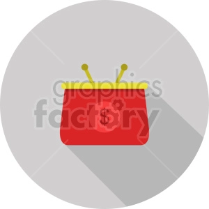 Clipart image of a red coin purse with a dollar sign on it, against a gray circular background.