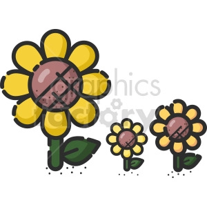 The clipart image depicts a cartoon sunflower, which is a type of flower. It has a yellow circular center with brown dots surrounded by large yellow petals with dark brown outlines. The stem of the sunflower is green and there are two green leaves at the base of the stem.
