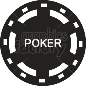 A black poker chip with white markings and the word 'POKER' in the center.