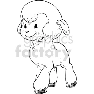 A black and white clipart image of a cute cartoon lamb. The lamb has a rounded head, big eyes, and a small smile, giving it a friendly and endearing appearance.