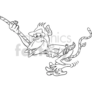 Black and white clipart image of a playful cartoon monkey swinging on a vine.
