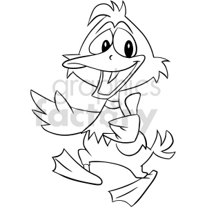 A black and white clipart image of a happy, cartoon duck with big eyes, open beak, and outstretched wings. The character appears to be smiling and is drawn in a playful, animated style.