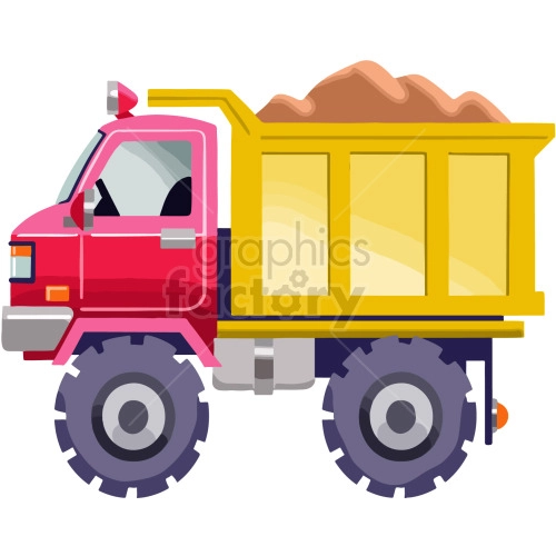 The clipart image shows a cartoon-style dump truck, which is a type of vehicle used for transportation in the construction and mining industries. The dump truck is depicted as having a large open bed at the back for carrying loose materials such as dirt, gravel, or rocks, which can be lifted and dumped by hydraulic power.
