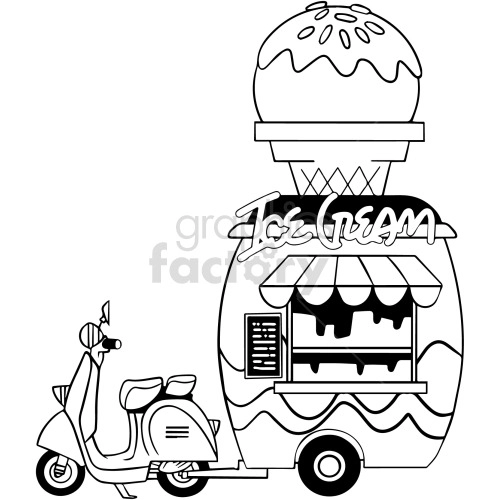 black and white cartoon ice cream cart clipart