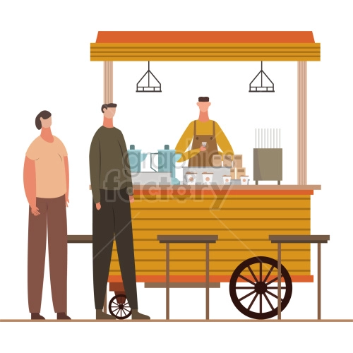 The clipart image depicts people buying goods from a street vendor. The vendor is pushing a cart filled with items, and one of the customers is purchasing a drink from a person who appears to be a barista. The illustration shows a busy street scene with various people interacting with the vendor and each other.
