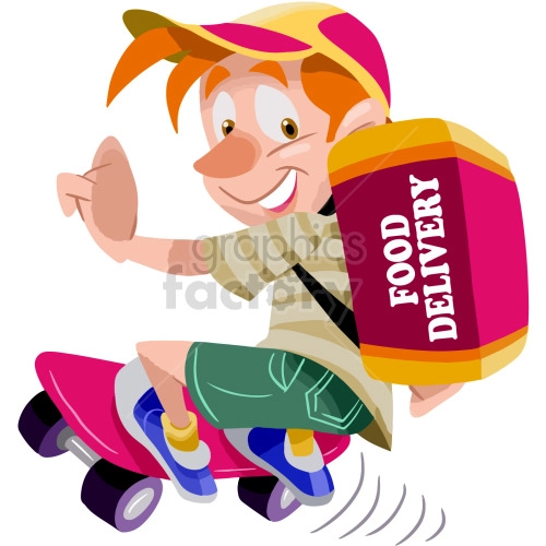 The clipart image depicts a cartoon character riding a skateboard while delivering food. The image suggests a quick and efficient mode of food delivery using skateboards.
