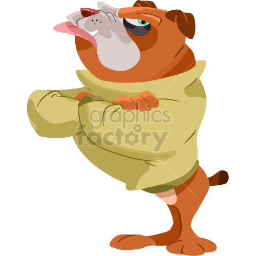 The clipart image shows a cartoon bulldog with a fierce expression, standing on all fours. It has a muscular body, wrinkled face, and droopy jowls that hang below its mouth. The bulldog is depicted in a simplified, cartoonish style and would be suitable for use in designs related to animals, pets or as a mascot.
