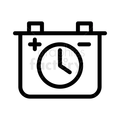 A clipart image of a battery with a clock symbol inside it, indicating time or duration related to battery life.