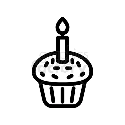 A simple black and white clipart image of a cupcake with sprinkles and a lit candle on top.