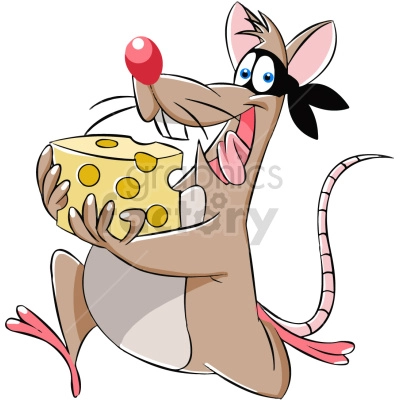 The clipart image depicts a cartoon rat running away while carrying an oversized piece of cheese. This suggests that the rat is stealing the cheese, possibly committing a robbery.
